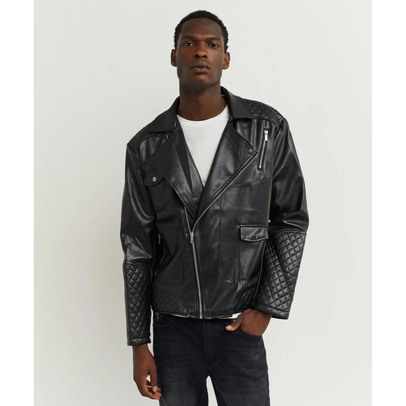 Reason Moto Jacket Men’s Large Black Faux Leather Quilted Biker - Picture 6 of 7